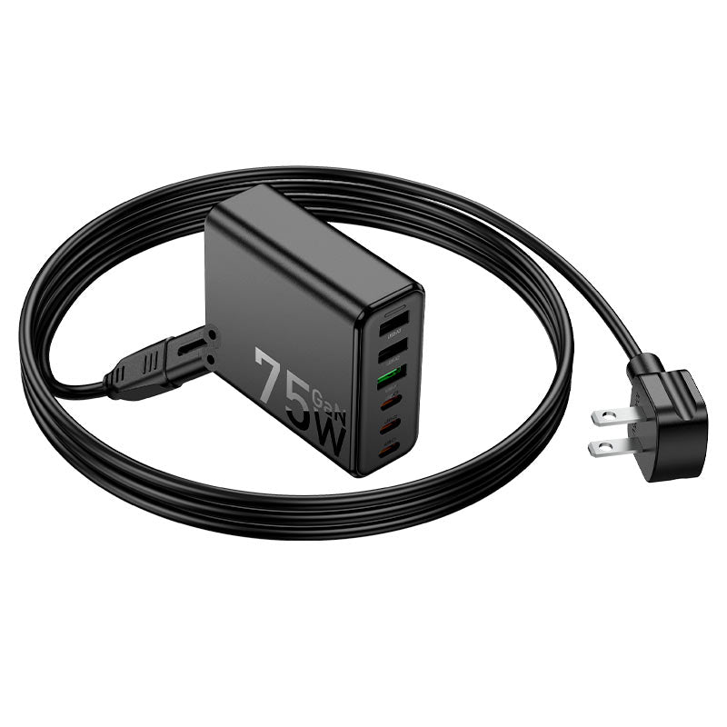 شاحن هوكو GaN فائق السرعة 6 منافذ - موزع شحن USB-C و USB-A بقوة 75 واط