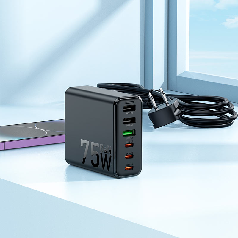 شاحن هوكو GaN فائق السرعة 6 منافذ - موزع شحن USB-C و USB-A بقوة 75 واط