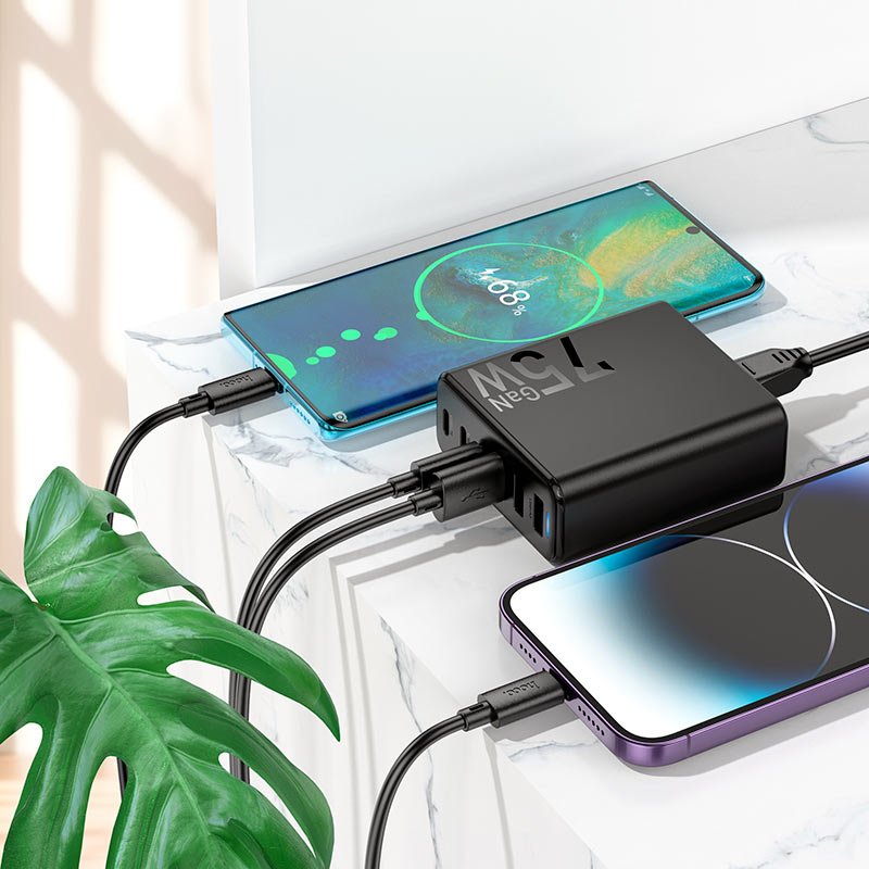 شاحن هوكو GaN فائق السرعة 6 منافذ - موزع شحن USB-C و USB-A بقوة 75 واط