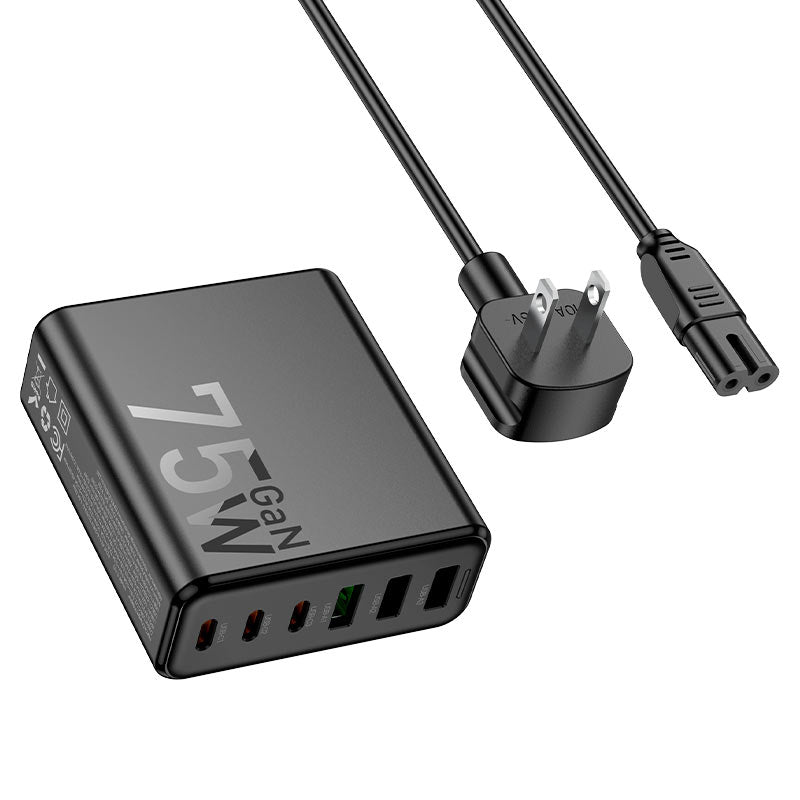 شاحن هوكو GaN فائق السرعة 6 منافذ - موزع شحن USB-C و USB-A بقوة 75 واط