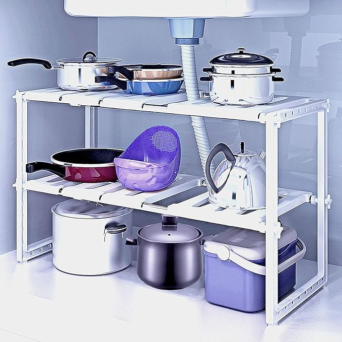 Adjustable Under-Sink Kitchen Organizer Rack - Expandable Multi-Tier Storage Shelf