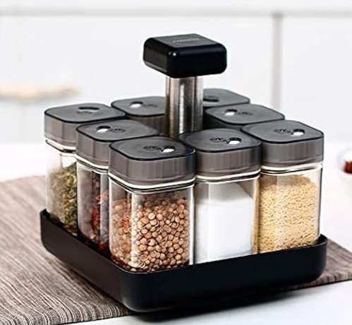 360° Revolving Spice Rack with 9 Clear Jars – Modern Kitchen Spice Organizer