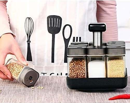 360° Revolving Spice Rack with 9 Clear Jars – Modern Kitchen Spice Organizer