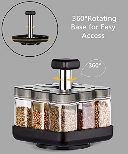 360° Revolving Spice Rack with 9 Clear Jars – Modern Kitchen Spice Organizer