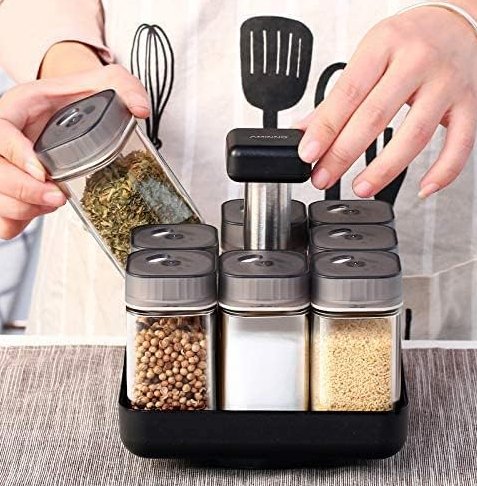 360° Revolving Spice Rack with 9 Clear Jars – Modern Kitchen Spice Organizer