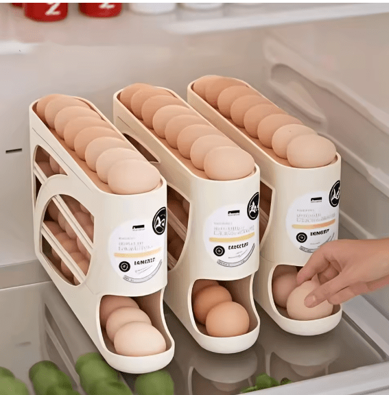 Rolling Egg Dispenser Rack - Automatic Refrigerator Egg Organizer - Space-Saving 3-Tier Egg Storage Holder
