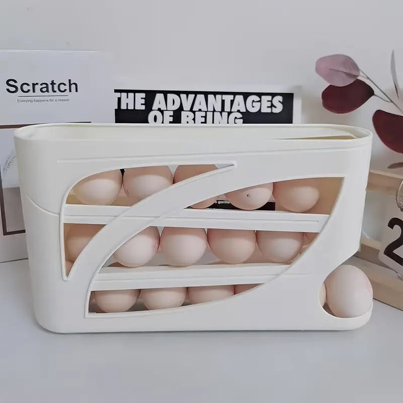 Rolling Egg Dispenser Rack - Automatic Refrigerator Egg Organizer - Space-Saving 3-Tier Egg Storage Holder