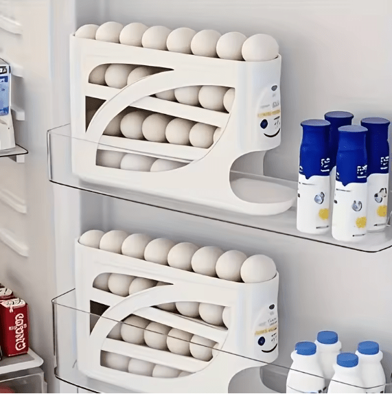 Rolling Egg Dispenser Rack - Automatic Refrigerator Egg Organizer - Space-Saving 3-Tier Egg Storage Holder