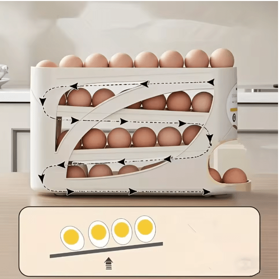 Rolling Egg Dispenser Rack - Automatic Refrigerator Egg Organizer - Space-Saving 3-Tier Egg Storage Holder