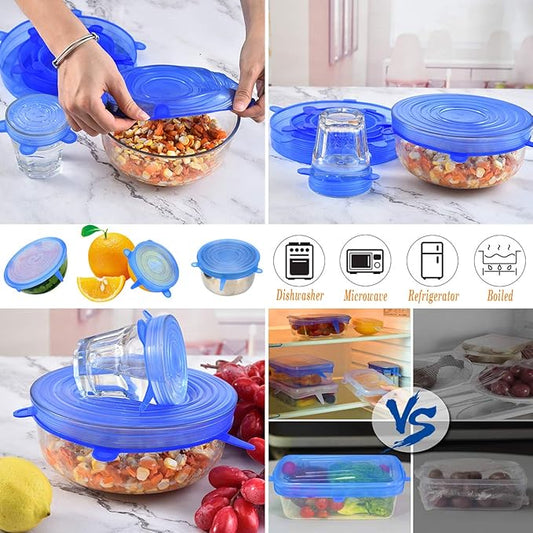 Reusable Silicone Stretch Lids Set (Pack of 6) – Food-Grade Airtight Bowl Covers - Leak-Proof Kitchen Food Storage Covers