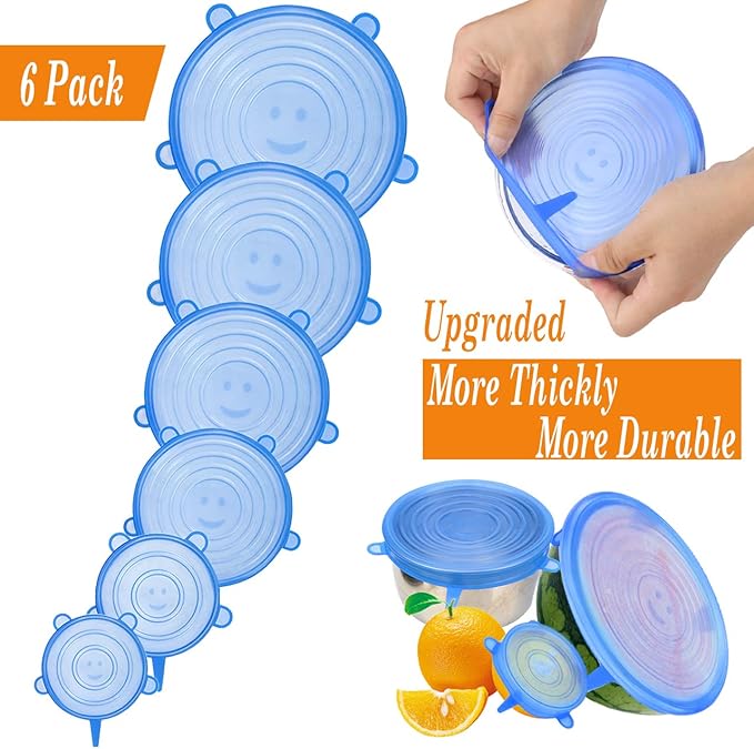 Reusable Silicone Stretch Lids Set (Pack of 6) – Food-Grade Airtight Bowl Covers - Leak-Proof Kitchen Food Storage Covers