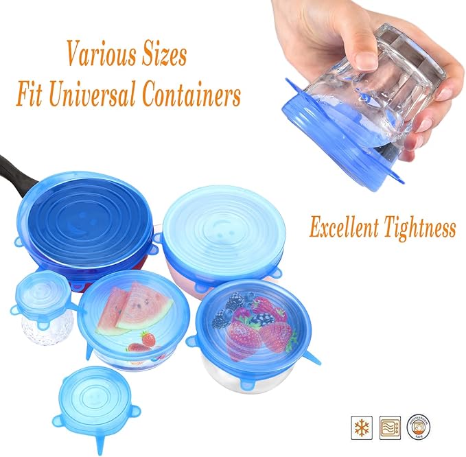 Reusable Silicone Stretch Lids Set (Pack of 6) – Food-Grade Airtight Bowl Covers - Leak-Proof Kitchen Food Storage Covers