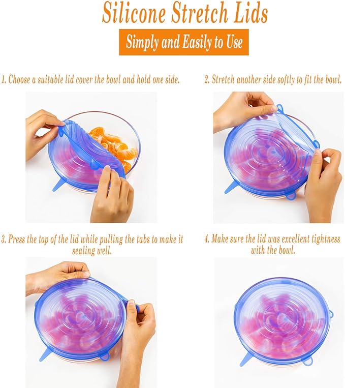 Reusable Silicone Stretch Lids Set (Pack of 6) – Food-Grade Airtight Bowl Covers - Leak-Proof Kitchen Food Storage Covers